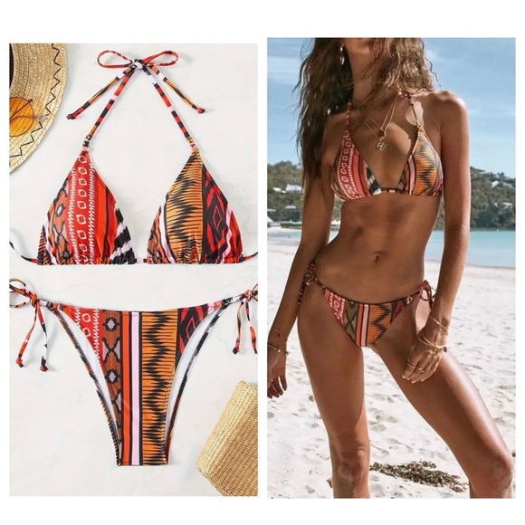 Pretty Woman Boutique Other - Boho Ethnic Print Triangle Halter Side Tie Bikini Set